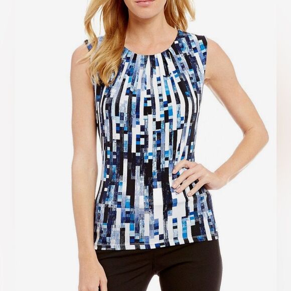 Calvin Klein black blue and white abstract print pleated neck top size large - Picture 1 of 8